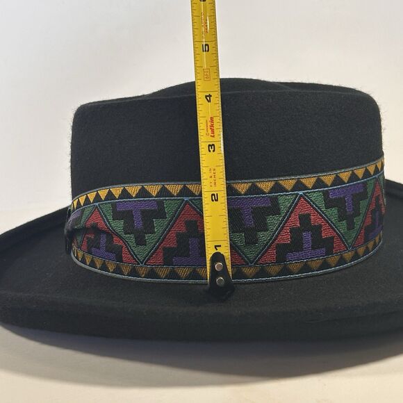 VTG USA Made Wool Fedora Hat Black Southwest Tribal Aztec Banded One Size Unisex - Picture 12 of 12